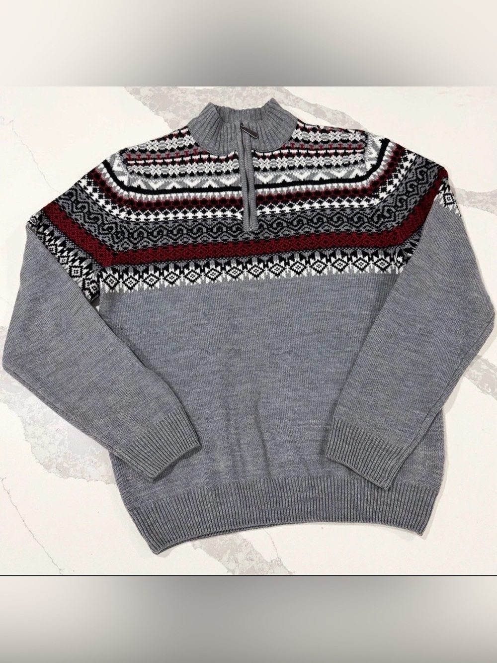 Buffalo David Bitton Grey Fair Isle Zip Mock Neck Sweater with Red Trim